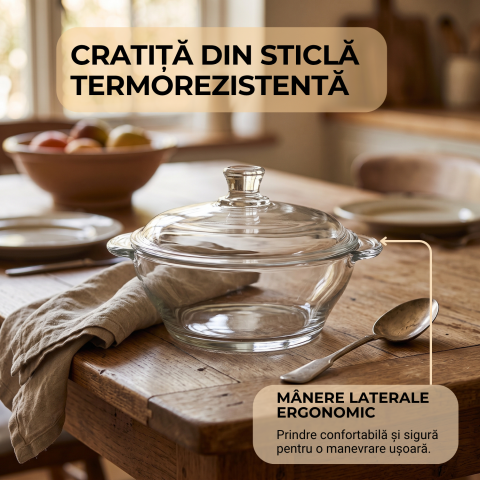 Vas din sticlă cu capac 750 ml Delisoga, bol tip oală cu mânere, transparent, castron cu capac pentru salate, sosuri, garnituri, deserturi și gustări, vas de servire și păstrare alimente [2]