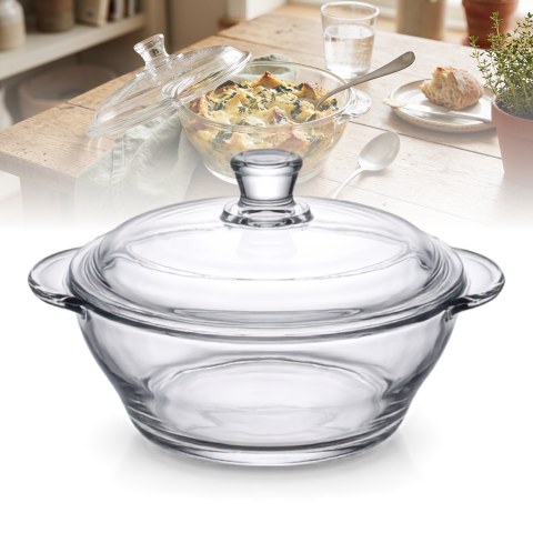 Vas din sticlă cu capac 750 ml Delisoga, bol tip oală cu mânere, transparent, castron cu capac pentru salate, sosuri, garnituri, deserturi și gustări, vas de servire și păstrare alimente