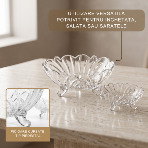 Set boluri din sticlă cu picior Delisoga, 1 bol mare și 6 boluri mici, margine ondulată, model în relief, pentru salate, fructe, deserturi și înghețată, set servire 7 piese, cupe de desert [2]