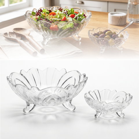 Bucătărie & Masă - Set boluri din sticlă cu picior Delisoga, 1 bol mare și 6 boluri mici, margine ondulată, model în relief, pentru salate, fructe, deserturi și înghețată, set servire 7 piese, cupe de desert