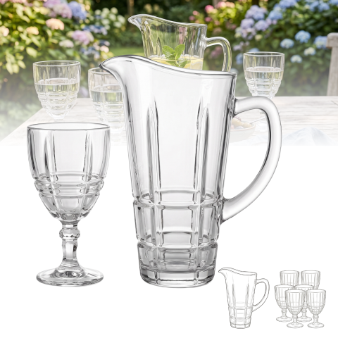Set carafă înaltă cu mâner și 6 pahare cu picior din sticlă Delisoga, model în relief, set 7 piese pentru apă, suc, limonadă și vin, sticlă transparentă pentru masa festivă și musafiri