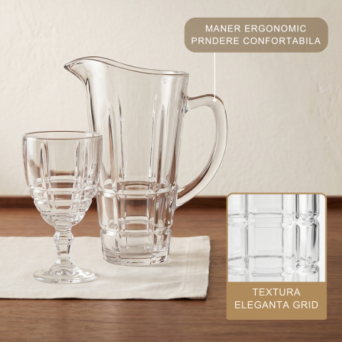 Set carafă înaltă cu mâner și 6 pahare cu picior din sticlă Delisoga, model în relief, set 7 piese pentru apă, suc, limonadă și vin, sticlă transparentă pentru masa festivă și musafiri [2]