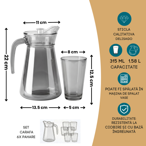 Set carafă cu mâner și 6 pahare din sticlă fumurie Delisoga, carafă și pahare gri fără picior, set 7 piese pentru apă, suc, limonadă și ceai rece, sticlă fumurie transparentă, set servire băuturi [3]