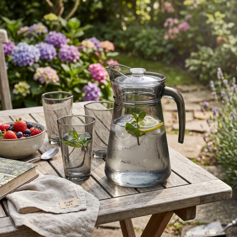 Set carafă cu mâner și 6 pahare din sticlă fumurie Delisoga, carafă și pahare gri fără picior, set 7 piese pentru apă, suc, limonadă și ceai rece, sticlă fumurie transparentă, set servire băuturi [1]