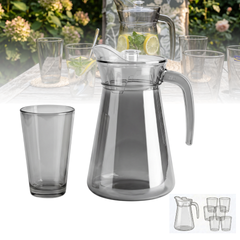 Set carafă cu mâner și 6 pahare din sticlă fumurie Delisoga, carafă și pahare gri fără picior, set 7 piese pentru apă, suc, limonadă și ceai rece, sticlă fumurie transparentă, set servire băuturi