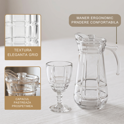 Set carafă înaltă cu capac 1,7 L și 6 pahare cu picior, sticlă transparentă Delisoga, carafă cu mâner, model caroiaj în relief, set 7 piese pentru apă, suc, limonadă și vin, masă festivă [2]