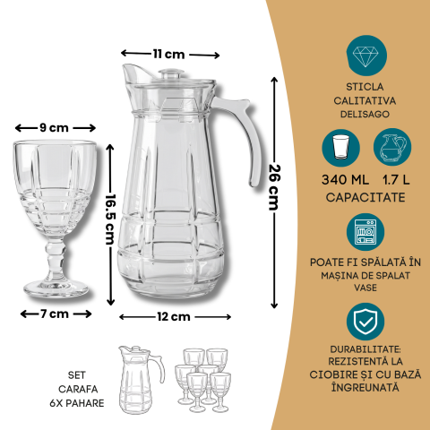 Set carafă înaltă cu capac 1,7 L și 6 pahare cu picior, sticlă transparentă Delisoga, carafă cu mâner, model caroiaj în relief, set 7 piese pentru apă, suc, limonadă și vin, masă festivă [3]