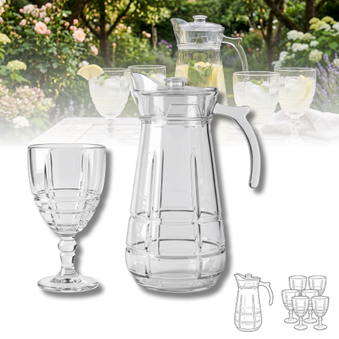 Set carafă înaltă cu capac 1,7 L și 6 pahare cu picior, sticlă transparentă Delisoga, carafă cu mâner, model caroiaj în relief, set 7 piese pentru apă, suc, limonadă și vin, masă festivă