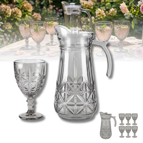 Set carafă cu capac 1,7 L și 6 pahare cu picior 340 ml, sticlă fumurie gri Delisoga, carafă cu mâner, model în relief, set 7 piese pentru apă, suc, limonadă și vin, set servire băuturi fumuriu