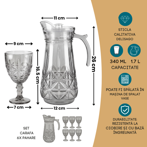 Set carafă cu capac 1,7 L și 6 pahare cu picior 340 ml, sticlă fumurie gri Delisoga, carafă cu mâner, model în relief, set 7 piese pentru apă, suc, limonadă și vin, set servire băuturi fumuriu [3]