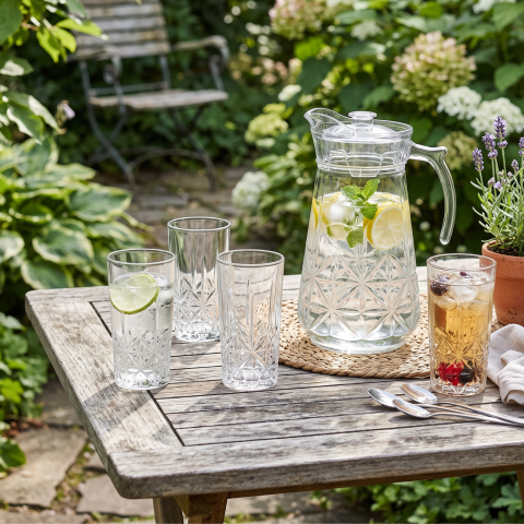Set carafă cu capac 1,7 L și 6 pahare 278 ml, sticlă transparentă Delisoga, carafă cu mâner și pahare înalte cu model în relief, set 7 piese pentru apă, suc, limonadă, ceai rece și socată [1]