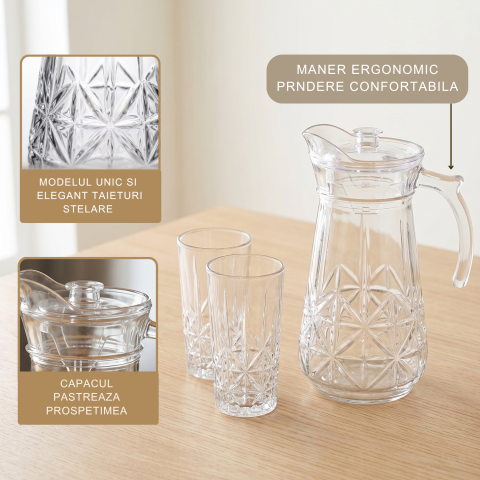 Set carafă cu capac 1,7 L și 6 pahare 278 ml, sticlă transparentă Delisoga, carafă cu mâner și pahare înalte cu model în relief, set 7 piese pentru apă, suc, limonadă, ceai rece și socată [2]