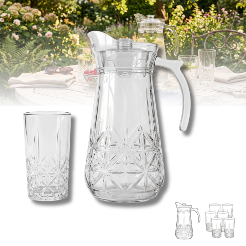 Set carafă cu capac 1,7 L și 6 pahare 278 ml, sticlă transparentă Delisoga, carafă cu mâner și pahare înalte cu model în relief, set 7 piese pentru apă, suc, limonadă, ceai rece și socată