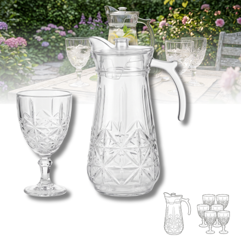 Set carafă cu capac 1,7 L și 6 pahare cu picior 340 ml, sticlă transparentă Delisoga, carafă cu mâner, model în relief, set 7 piese pentru apă, suc, limonadă și vin, set servire băuturi