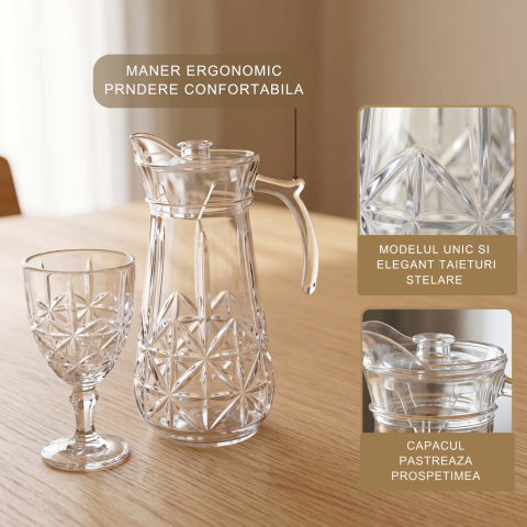 Set carafă cu capac 1,7 L și 6 pahare cu picior 340 ml, sticlă transparentă Delisoga, carafă cu mâner, model în relief, set 7 piese pentru apă, suc, limonadă și vin, set servire băuturi [2]