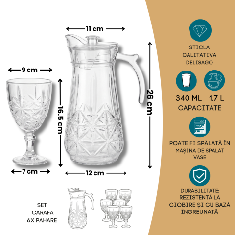 Set carafă cu capac 1,7 L și 6 pahare cu picior 340 ml, sticlă transparentă Delisoga, carafă cu mâner, model în relief, set 7 piese pentru apă, suc, limonadă și vin, set servire băuturi [3]