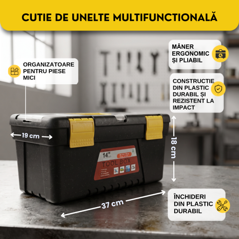 Cutie pentru scule si unelte, organizator unelte cu compartimente pentru piese mici, cutie depozitare scule din plastic rezistent la impact, maner ergonomic pliabil, 37 x 19 x 18 cm [2]