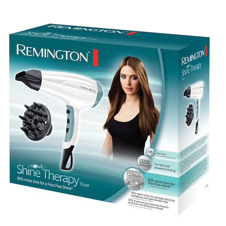 Uscator de par Remington Shine Therapy D5216, 2300W, Ionizare, 3 trepte de temperatura, 2 viteze, CoolShot, concentrator, difuzor, Alb/Albastru [1]