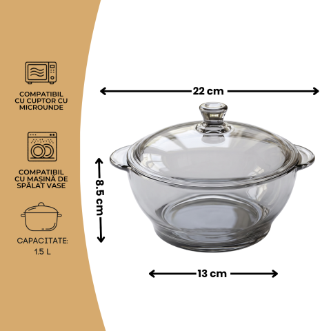 Vas din sticlă fumurie cu capac 1,5 L Delisoga, bol tip oală gri, castron mare cu capac pentru salate, garnituri, deserturi și gustări, vas de servire și păstrare alimente, sticlă fumurie [3]