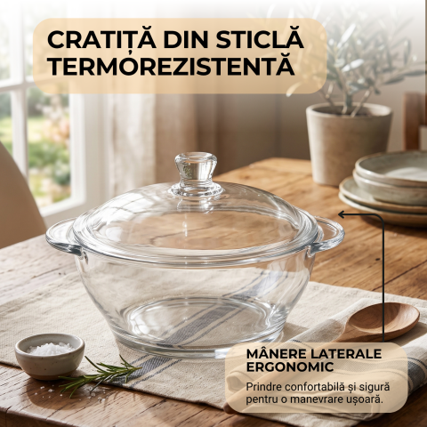 Vas din sticlă cu capac 1 L Delisoga, bol tip oală cu mânere, transparent, castron cu capac pentru salate, zacuscă, garnituri, deserturi și gustări, vas de servire și păstrare alimente [2]