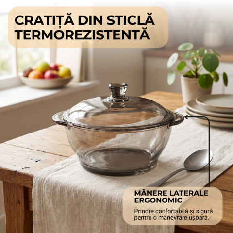 Vas din sticlă fumurie cu capac 1 L Delisoga, bol tip oală gri cu mânere, castron cu capac pentru salate, zacuscă, garnituri și deserturi, vas de servire și păstrare alimente, sticlă fumurie [2]