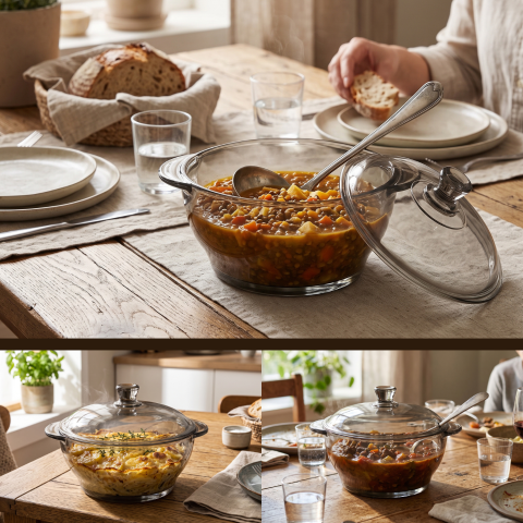 Vas din sticlă fumurie cu capac 1 L Delisoga, bol tip oală gri cu mânere, castron cu capac pentru salate, zacuscă, garnituri și deserturi, vas de servire și păstrare alimente, sticlă fumurie [1]