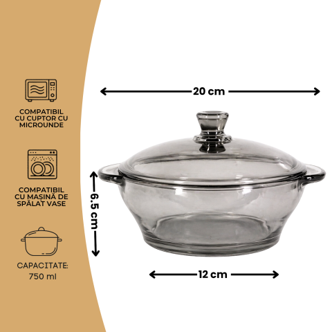 Vas din sticlă fumurie cu capac 750 ml Delisoga, bol tip oală gri cu mânere, castron cu capac pentru salate, sosuri, garnituri, deserturi și gustări, vas de servire și păstrare alimente [3]