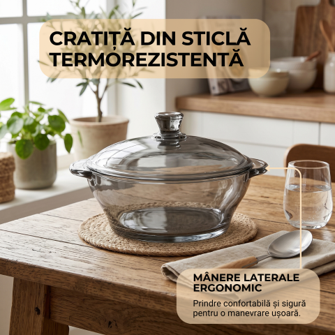 Vas din sticlă fumurie cu capac 750 ml Delisoga, bol tip oală gri cu mânere, castron cu capac pentru salate, sosuri, garnituri, deserturi și gustări, vas de servire și păstrare alimente [2]