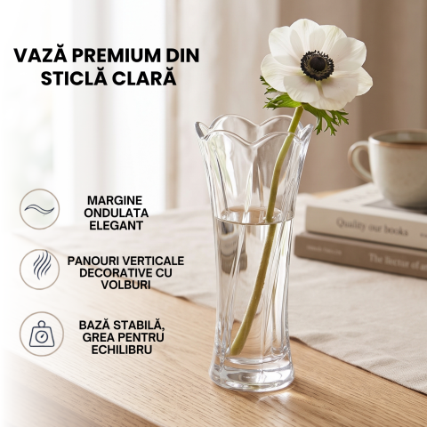 Vază din sticlă 330 ml Delisoga, vază transparentă înaltă cu gura evazată și model în relief, pentru flori tăiate, trandafiri, lalele și buchete mici, decor pentru masă, birou și living [2]