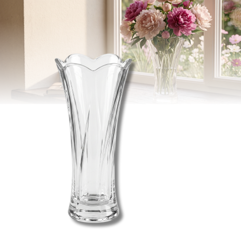 Vază din sticlă 330 ml Delisoga, vază transparentă înaltă cu gura evazată și model în relief, pentru flori tăiate, trandafiri, lalele și buchete mici, decor pentru masă, birou și living