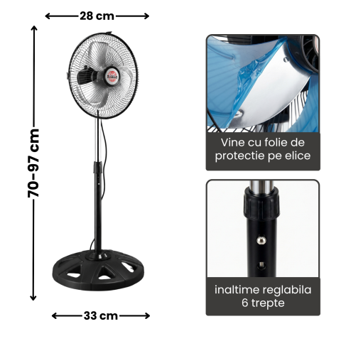 Ventilator cu Picior reglabil, 55W, 3 trepte de viteză, Oscilație automată, Diametru 28 cm, Inălțime ajustabilă 70-97 cm, negru [5]
