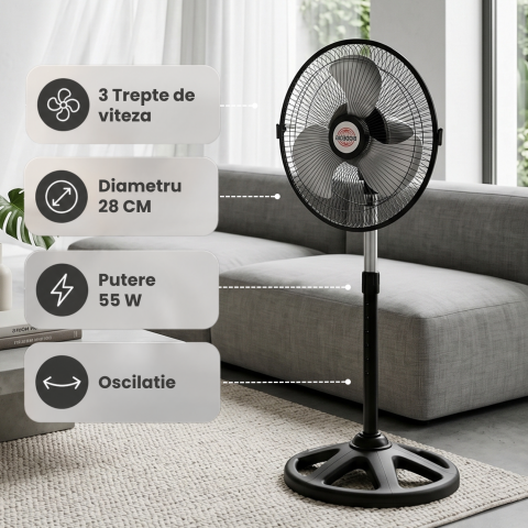 Ventilator cu Picior reglabil, 55W, 3 trepte de viteză, Oscilație automată, Diametru 28 cm, Inălțime ajustabilă 70-97 cm, negru [3]