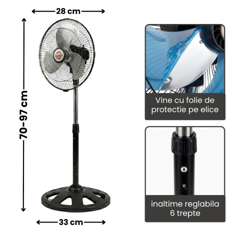 Ventilator cu Picior reglabil, 55W, 3 trepte de viteză, Oscilație automată, Diametru 28 cm, Inălțime ajustabilă 70-97 cm, negru [4]