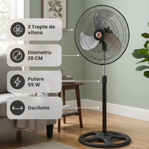 Ventilator de Podea, Putere 55W, 3 Trepte de Viteza, 220V - 240V, 3 Pale din Aluminiu, Diametru 28 cm [3]
