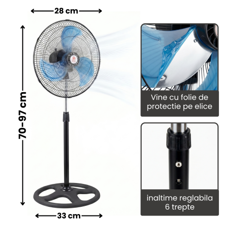 Ventilator de Podea, Putere 55W, 3 Trepte de Viteza, 220V - 240V, 3 Pale din Aluminiu, Diametru 28 cm [5]