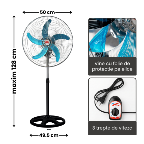 Ventilator de Podea, Putere 55W, 3 Trepte de Viteza, 220V - 240V,  5 Pale din Aluminiu, Diametru 40 cm [3]