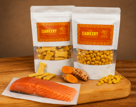 RECOMPENSE & SUPLIMENTE CAINI - Pachet 2 x recompense naturale cu somon finlandez &  turmeric ( recompense + training treats)