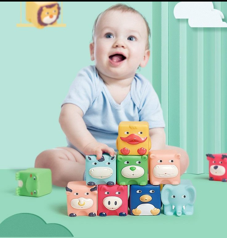 Huge Duplicate Grandpa Cuburi moi din silicon pentru bebelusi cu animale – Set 6 cuburi