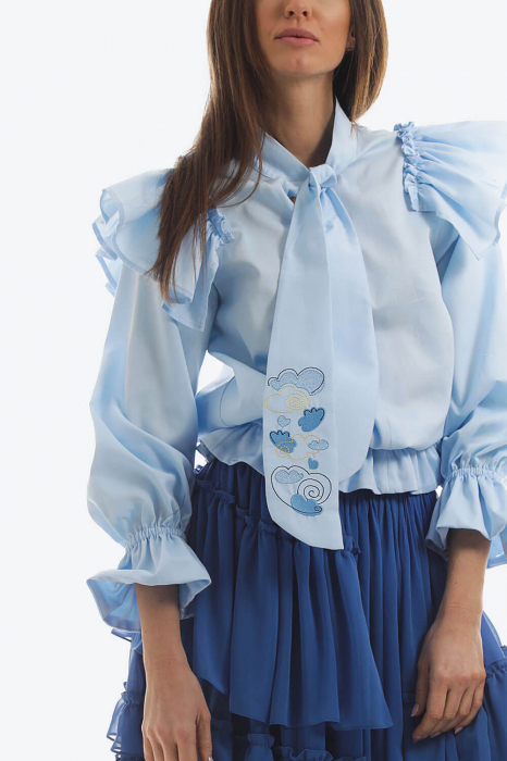 Bluza casual din bumbac cu volane ample si funda brodata [4]
