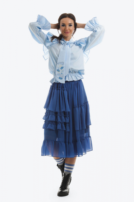 Bluza casual din bumbac cu volane ample si funda brodata [2]