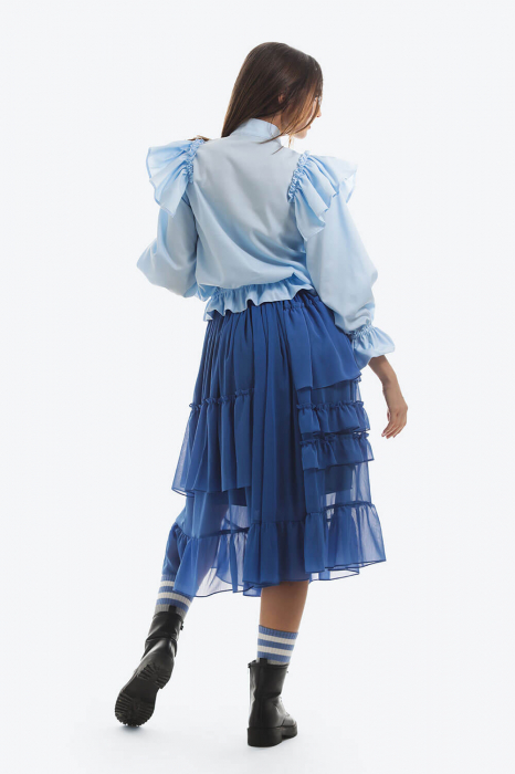 Bluza casual din bumbac cu volane ample si funda brodata [3]