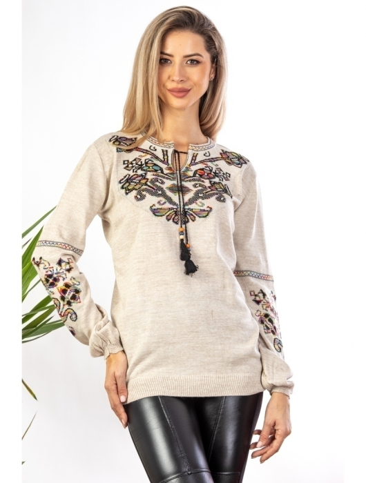 Bluza cu maneci lungi din tricot bej cu broderie florala [2]