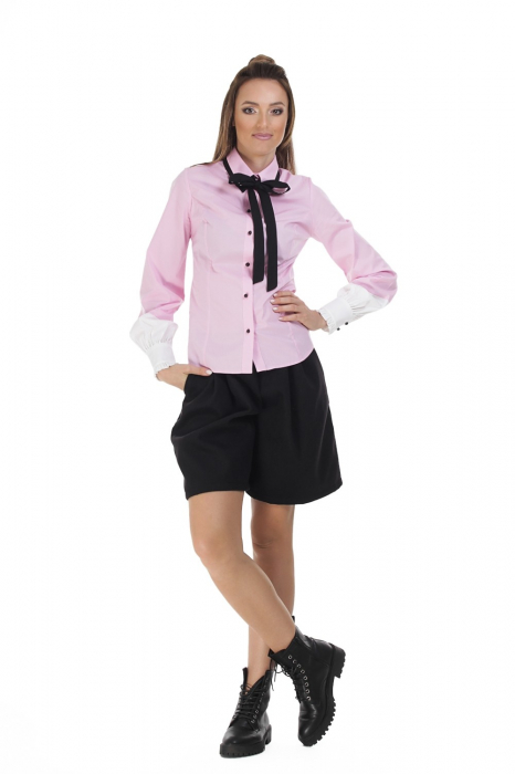 Camasa dama office roz cu funda si insertii albe la maneci [2]