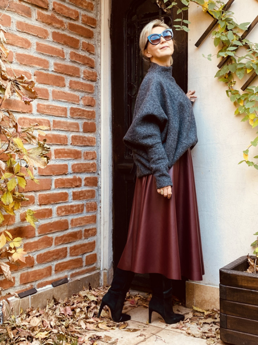 Fusta midi din piele ecologica in clos Burgundy [2]