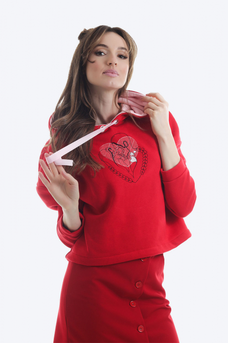 Hanorac rosu cu gluga si broderie Kiss Me [2]
