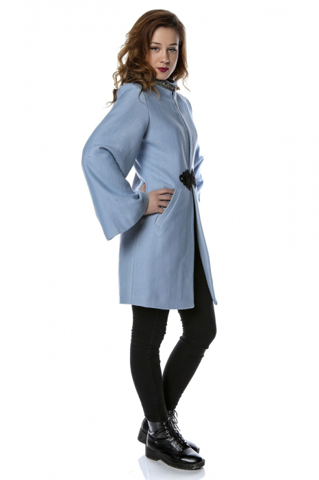 Palton dama din stofa bleu cu maneci clopot PF26, M [2]