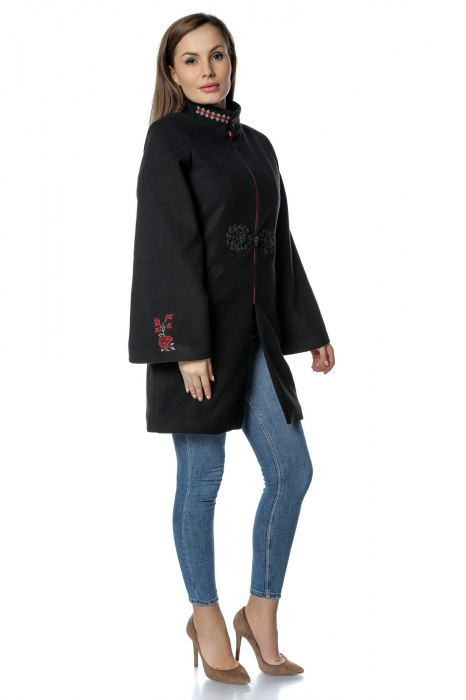 Palton negru dama din stofa cu broderie traditionala PF32, M [2]