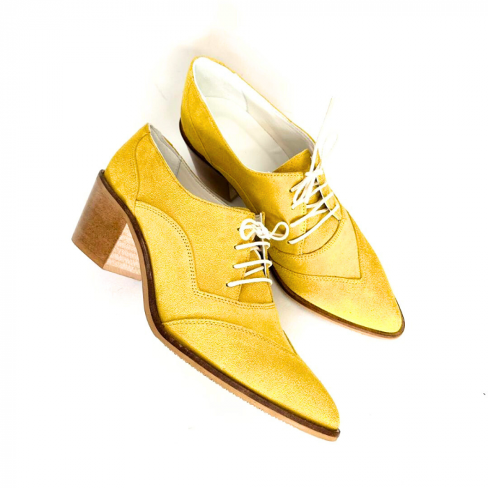 Pantofi dama din piele naturala cu toc gros Ellis Yellow [2]