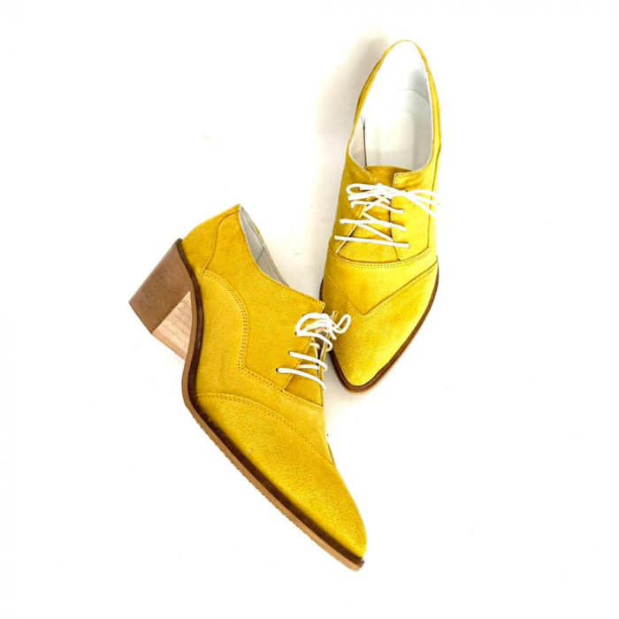 Pantofi dama din piele naturala cu toc gros Ellis Yellow [4]