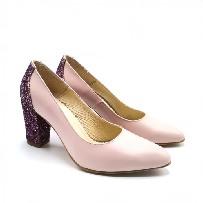 Pantofi dama roz pal cu toc gros imbracat in glitter mov Lidia, 38 [2]